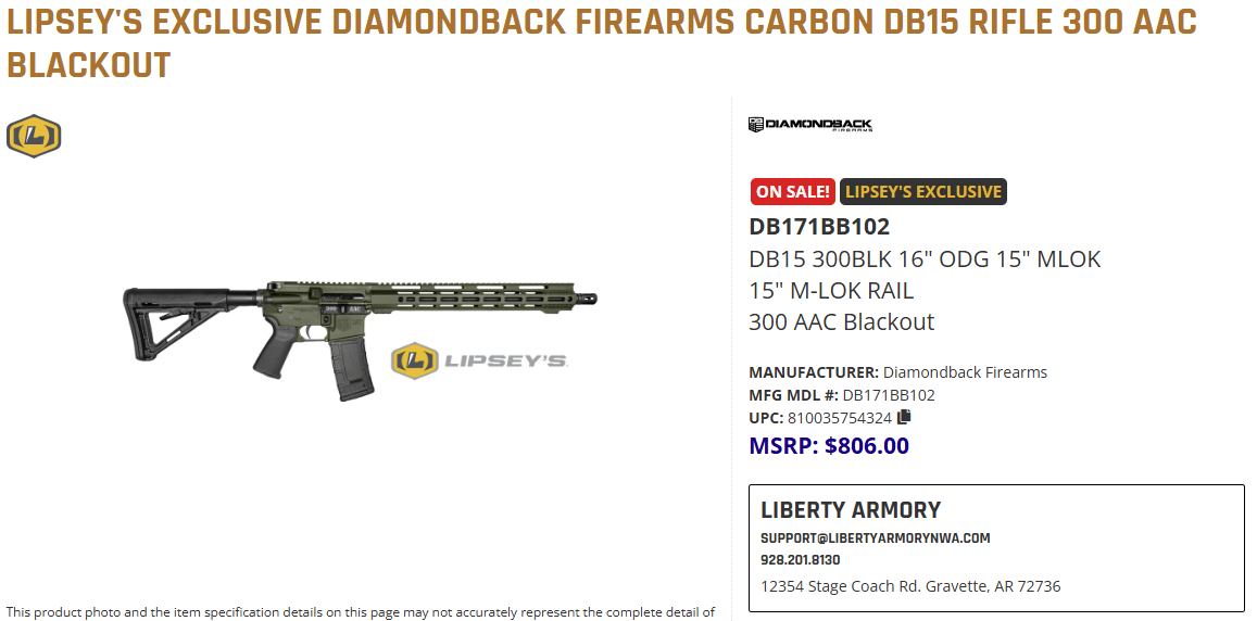 NEW - Diamondback Firearms DB15 300 AAC Blackout 