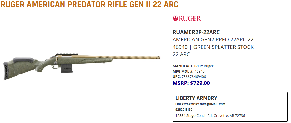 USED - Ruger American Predator Rifle Gen II 22 ARC – with Mounted – Leupold VX-Freedom